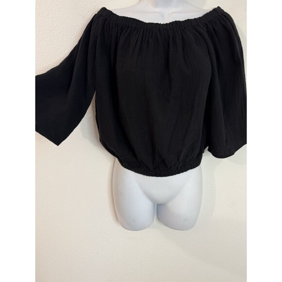 Ann Taylor LOFT Outlet Blouse Black Cotton Cropped Minimalist Neutral S New - Picture 2 of 7